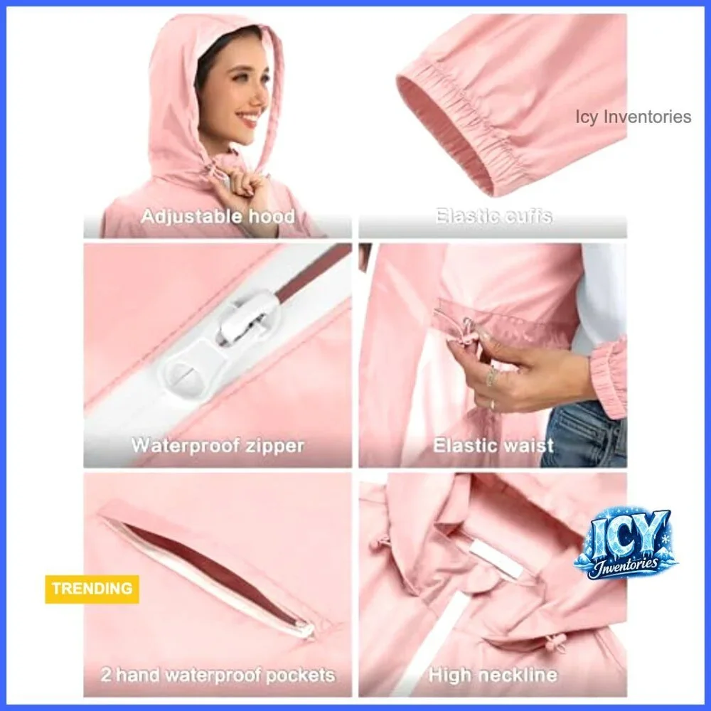 Waterproof Polyester Raincoat with Hood, Packable Lightweight Trench Coat